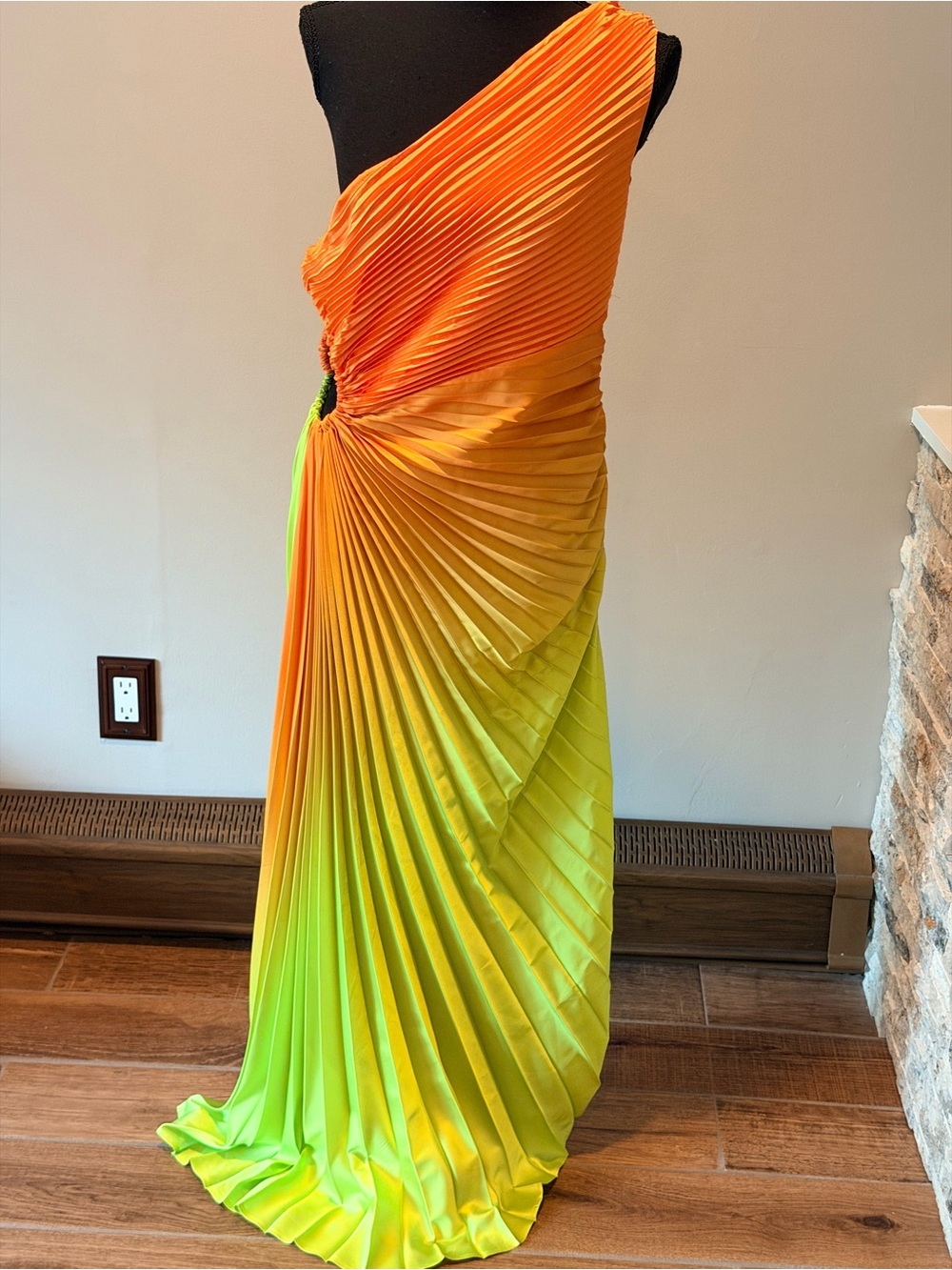 Sunset Ombre Pleated Maxi Dress - Orange to Lime Green